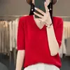 Suéter interior de punto para mujer de manga corta, nuevo top de punto 2025 para mujer, adelgazante, fino, manga media, transfronterizo, primavera, cuello en V