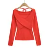 2561-25 Novo Estilo Outono Amarração Gola Halter Manga Longa Malha Fina Francesa Puro Brilho Sexy Cruzamento em V