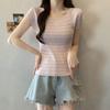 Diseño Lazo Bordado Rayado Seda de Hielo Tejido Camiseta de Manga Corta para Mujer Verano 2024 Nuevo Ajustado Camisa Pequeña Top