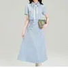 Vestido Camisa Blanco de Manga Corta Estilo Francés para Mujer Verano 2026 Nuevo Único Hermoso Vestido Largo de Línea A Ceñido a la Cintura