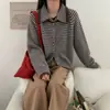 Cardigan de Punto Rayas Bloque de Color Nuevo Otoño e Invierno para Mujer Solapa Estilo Literario Retro Holgado Estilo Coreano Ropa Exterior