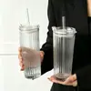 Estilo Ins Espessado Grande Capacidade Simples Padrão Vertical Xícara de Café Feminina Canudo Duplo Copo de Água Vidro Doméstico Classy
