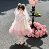 Vestido Princesa de Renda para Meninas Primavera e Outono 2026 Novo Vestido Longo de Manga Longa em Camadas Vestido Bufante Vestido de Aniversário