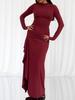 Vestido Europeu e Americano Feminino 2025 Transfronteiriço Outono e Inverno Cor Pura Gola Redonda Moda e Elegante Fenda Vestido de Noite Saia Longa Cobre Quadril