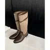 Primer Encuentro Temporada Botas Hasta la Rodilla Bloque de Color Retro Marrón Merade Punta Redonda Tacón Grueso Botas Vaqueras Botas Largas Botas Altas Botas de Montar
