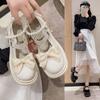 Sapatos Mary Jane de Salto Alto Pequenos em Couro Francês para Mulheres Primavera e Verão Novo Estilo Coreano Versátil Laço Pérola Solado Grosso Salto Grosso