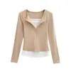 Camiseta Primavera y Otoño Estilo Chica Picante Top Corto con Cremallera Falsa de Dos Piezas Tejido de Punto para Mujer, Corte Ajustado, Versátil, Mangas Largas