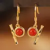 Aretes de Bambú para Mujer, Diseño Único, Colgantes Rojos de Ágata de Alta Gama, Joyería para Orejas de Plata Estilo Nuevo 2025, Aros para Orejas