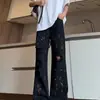 Jeans Rasgados Blancos con Graffiti para Hombre, Pantalones Estilo Americano Cleanfit de Primavera y Otoño, Pierna Recta High Street, Pierna Curva, Ligeramente Acampanados