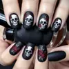 Unhas Usáveis de Halloween Quadradas Europeias Preto Fosco Padrão de Caveira Rosa Adesivo de Unha Postiça Removível