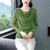 Camisa base de malla elástica, versátil, de manga larga, con cuello fruncido, a la moda, casual, para primavera, otoño e invierno, que estiliza y realza la figura