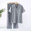 Conjunto de Pijama de Algodón Delgado de Verano para Pareja, Manga Corta Pantalón Largo, Algodón Lavado Estilo Japonés Cuadros Cardigan Cuello Solapa Ropa de Casa
