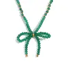 Moda Europea y Americana Estilo Fresco Elegante Colgante Cuentas de Acero Inoxidable Hecho a Mano Cristal Facetado Verde Collar con Lazo para Mujer