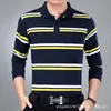Camiseta de manga larga para hombre de primavera y otoño, holgada, con solapa, a rayas, para usar debajo, bolsillo real, talla grande, top casual para hombre