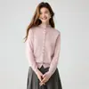 Cárdigan de cachemira intelectual de cuello alto para otoño e invierno para mujer, de un solo botón, suéter de punto suave y elegante, top de capa base de alta gama