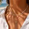 Collar de doble capa con colgante en forma de corazón para mujer, chapado en cobre con oro de 18 quilates, electrochapado con perlas y bolitas de oro pequeñas, dulce cadena para la clavícula de uso diario