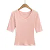 7707-26 Camiseta Básica Lisa com Decote V de Manga Média, Estilo Coreano de Verão, Slim Fit, Cor Doce