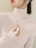 Elegante y sofisticado suéter de cuello alto verde oscuro con mangas largas, camisa base tejida para mujer A5455
