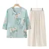 Nuevo Traje de Verano Estilo Chino para Mamá con Mangas Tres Cuartos, Tops de Verano de Estilo Nacional para Mujeres de Mediana Edad y Mayores, Estilo Abuela