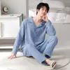 Novos pijamas de algodão puro para outono e inverno para homens, estilo simples casual, cardigã de manga comprida, conjunto de roupa caseira para jovens, pode ser usado fora