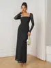 Ins Amazon manga larga estilo europeo nuevo color liso ajuste ceñido espalda descubierta vestido tipo banda