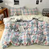 Juego de Funda de Edredón de Algodón Lavado Teñido en Hilo Clase A de Cuatro Piezas Sencillo Cuadros Ropa de Cama Dormitorio Cama Individual Juego de Tres Piezas 3