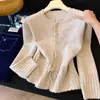 Suéter feminino com design de babados e cordão, estilo delicado, novo modelo outono/inverno 2026, cardigã de tricô afunilado para afinar a cintura