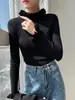 Camisa Básica Branca de Gola Alta Meia-Altura para Mulheres, Novo Design 2025 Primavera & Outono Camiseta de Manga Longa, Top de Tricô para Usar por Cima