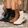 Comercio Exterior Cremallera Lateral Botas de Motocicleta Otoño e Invierno Europeas y Americanas Botines y Botas Botas de Mujer Hebilla de Cinturón Bajas Negras