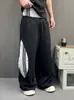 Calça de Moletom Listrada Lateral Estilo Americano para Homens, Patchwork Preto e Branco, Perna Larga, Caimento Fluido, Solta, Calça Longa Casual Esportiva