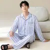 Pijama para hombre disponible para dropshipping, 100% algodón puro, de manga larga y pierna larga, adecuado para primavera y otoño, diseño a rayas, disponible en tallas grandes, ropa cómoda para estar en casa
