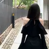 Vestido Elegante de Manga Larga con Escote Halter Hombros Descubiertos Sexy, Vestido Corto Negro Elegante de Otoño, Vestido de Cintura Entallada Línea A para Mujer