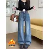 Jeans preto plus size de perna larga para mulheres, forrado com fleece para o inverno, grosso, solto, corte reto, comprimento total, cintura alta, emagrecedor