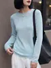 Blusa de tricô elegante estilo francês, sem costura, de manga longa para mulheres, gola redonda, minimalista, suave, modeladora, levemente transparente, blusa base fina