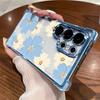 Capa de Celular Transparente Floral Azul Claro Estilo Coreano para Apple 15/16 Pro Max com Moldura Galvanizada e Proteção Anti-Queda com Airbag
