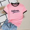 Fronteiriço 2025 Nova Camiseta Feminina Casual Slim de Manga Curta e Gola Redonda com Cores Contrastantes Tops Versáteis Atacado