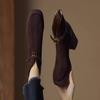 Botas Curtas Marrons de Salto Grosso para Mulheres no Outono e Inverno Couro Nobuck Botas de Salto Alto Retrô Bico Quadrado com Fivela de Cinto e Zíper nas Costas Botas de Cano Curto