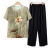 Traje de verano para mamá Camiseta de manga corta Moda para mediana edad y ancianos Solapa moderna Top holgado Suéter para abuela Conjunto de dos piezas