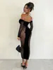 Vestido Tubinho Bodycon de Um Ombro Cruzado Europeu e Americano com Manga de Rede para Festa em Boate Sexy com Recorte