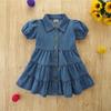 Saias Infantis Europeias e Americanas Atacado Estilo Verão Saias Jeans de Gola Quadrada para Meninas Cor Sólida Manga Bufante Vestidos Infantis de Verão