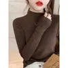 Suéter de Cuello Alto Color Café Camisa Base para Mujer Abrigo Ropa Interior Moda Otoño e Invierno Ajustado Manga Larga Cuello Medio Top de Punto