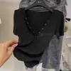 Camiseta de Verão 2026 Novo Estilo Resistente com Strass Decote V Manga Curta para Mulheres, Estilo Puro Desejo, Slim-Fit, Top Curto que Valoriza