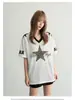 Camiseta de Gola V de Manga Curta Estilo High Street Americano para Homens e Mulheres, Verão Solta Casual Esportiva, Top Respirável com Bordado de Estrela de Cinco Pontas
