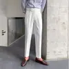 Estilo Verão Masculino Slim Fit Moda Cor Sólida Cintura Alta Calças Cropped Elegante Casual Business Estilo Italiano Calças Tendência com Fivela para Homens