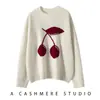 Suéter de Cashmere para Mulheres, Jacquard Cereja Grande Gola Redonda, Mangas Longas Largas, Suéter Básico de Malha de Cashmere Espessado para Usar por Cima