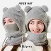 Novo chapéu de pelúcia de peça única de inverno para mulheres com orelhas de urso fofas, cordão para apertar, proteção para rosto e pescoço, chapéu pullover aquecedor de pescoço