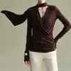 Top elegante estilo francês para mulheres, com gola halter, decote V, torcido na frente, manga longa, cintura marcada com pregas, caimento justo