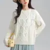 Nuevo suéter de punto dulce bordado floral para otoño e invierno, top de punto trenzado informal holgado de cuello redondo para mujer