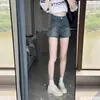 Shorts Jeans Feminino de Verão Finos Tamanho Plus para Figuras Curvilíneas, Cintura Alta Elástica Emagrecedor Reto de Perna Larga Comprimento no Joelho para Figuras Baixas