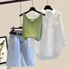 Conjunto de Verano para Mujer Tallas Grandes 2025 Nuevo Estilo Camisa con Protección Solar, Camisola, Shorts de Mezclilla Conjunto de Tres Piezas Adelgazante